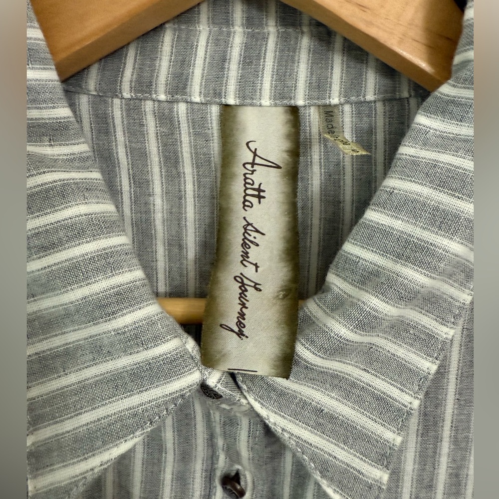 Aratta Silent Journey Striped Gray Dress with Leaf Accents - Picture 2 of 11